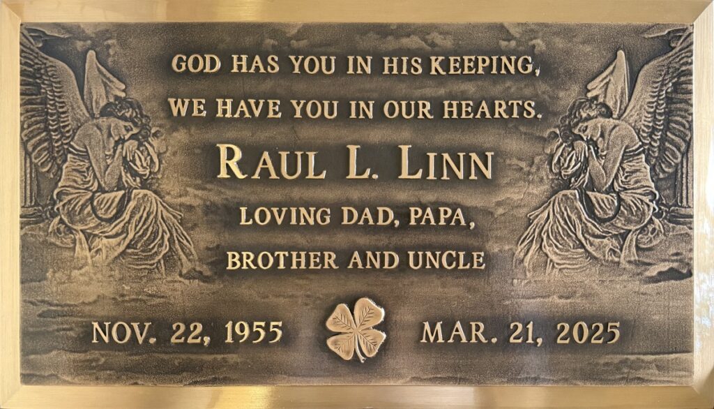 Bronze gravestone with weeping angels and clover, Linn family, Forest Lawn Memorial Park