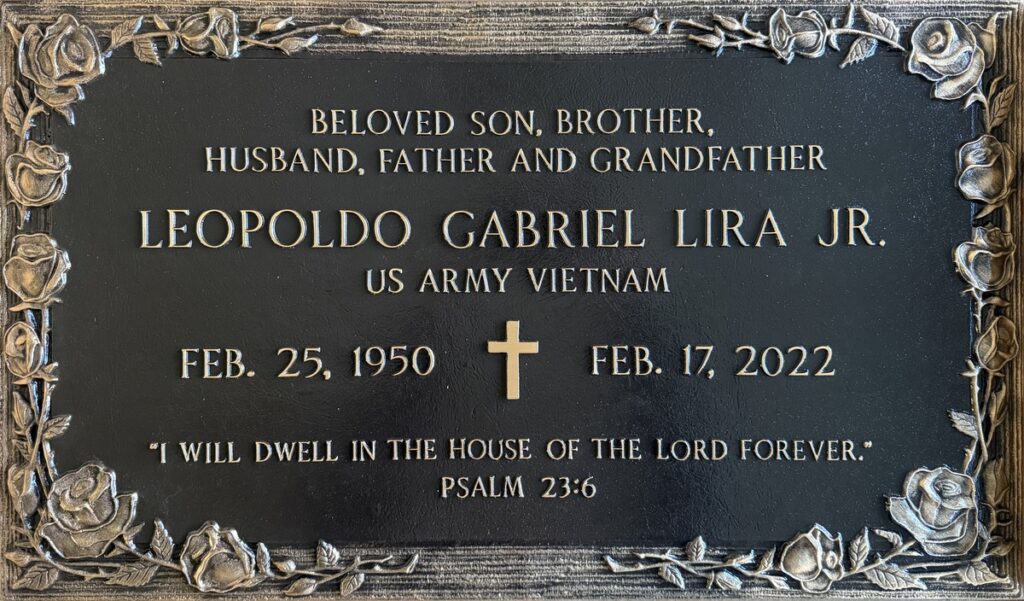 Bronze grave marker with vietnam veteran and roses, Lira family, Forest Lawn Memorial Park