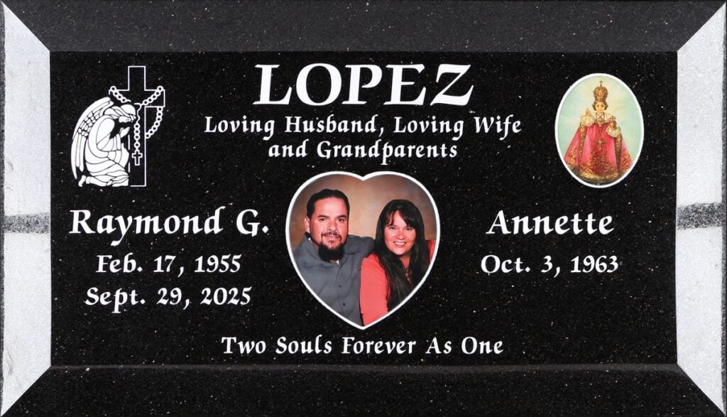 Galaxy Black granite companion headstone with praying angel and santo niño, Lopez family, Bellevue Memorial Park