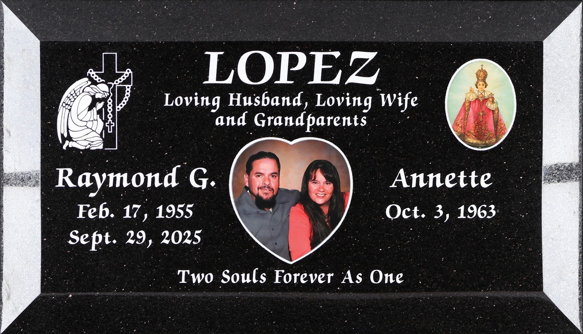 Galaxy Black granite companion headstone with praying angel and santo niño, Lopez family, Bellevue Memorial Park