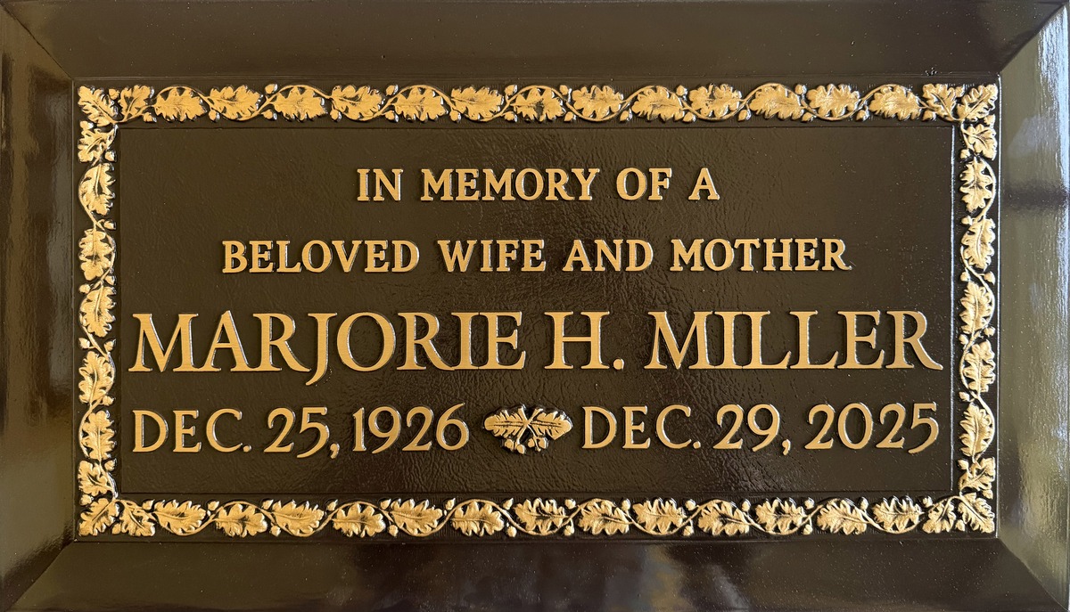 Bronze memorial with oak leaf border, Miller family, Forest Lawn Memorial Park