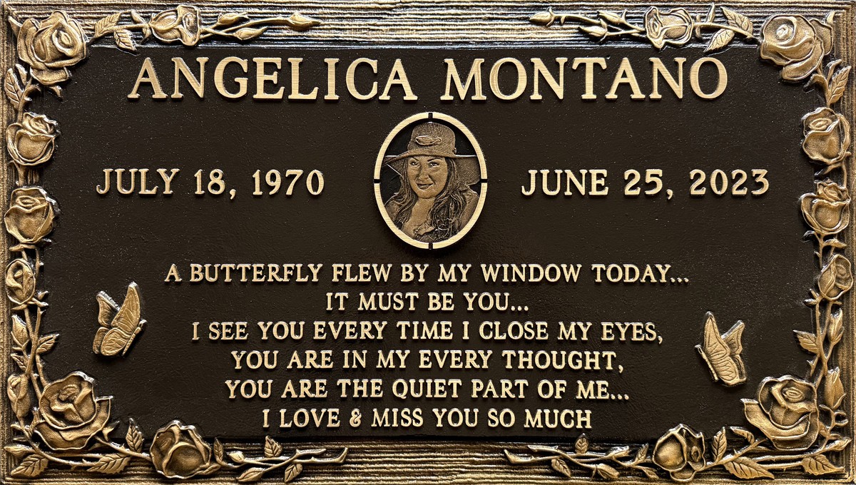 Bronze memorial stone with portrait and butterflies, Montano family, Forest Lawn Memorial Park