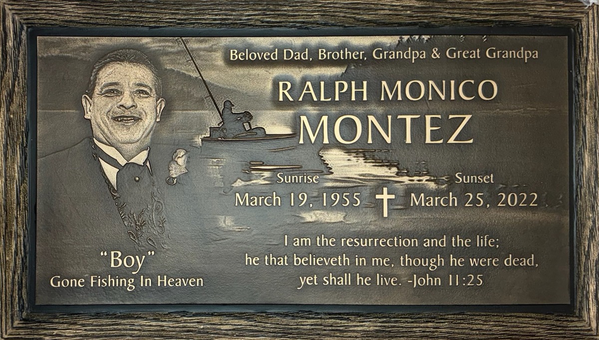 Bronze headstone with portrait and fishing scene, Montez family, Forest Lawn Memorial Park