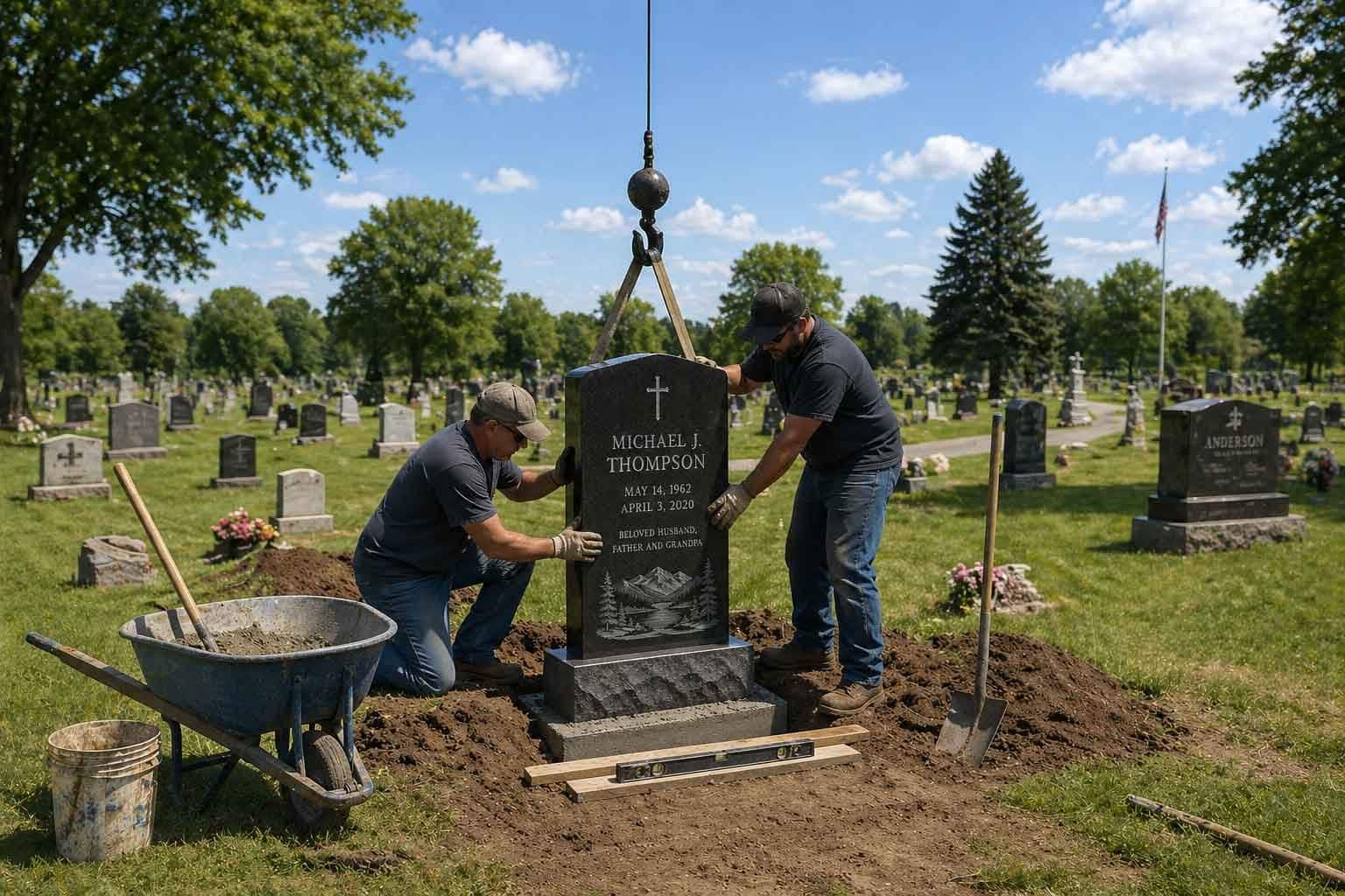VJ Memorials crew setting a granite monument at a cemetery
