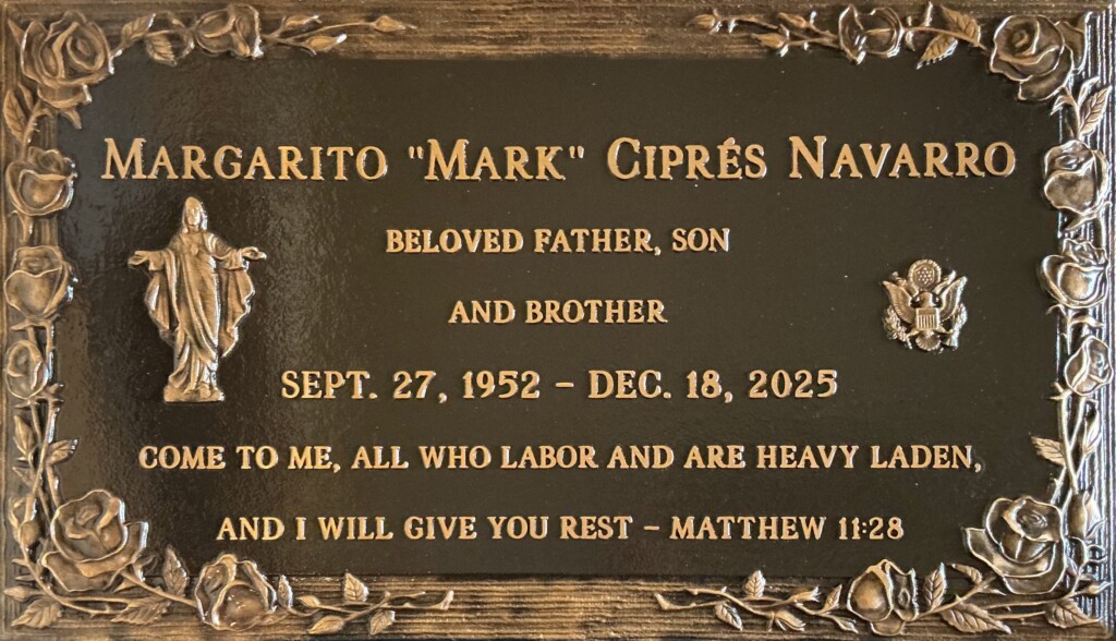 Bronze grave memorial with roses and jesus, Navarro family, Rose Hills Memorial Park