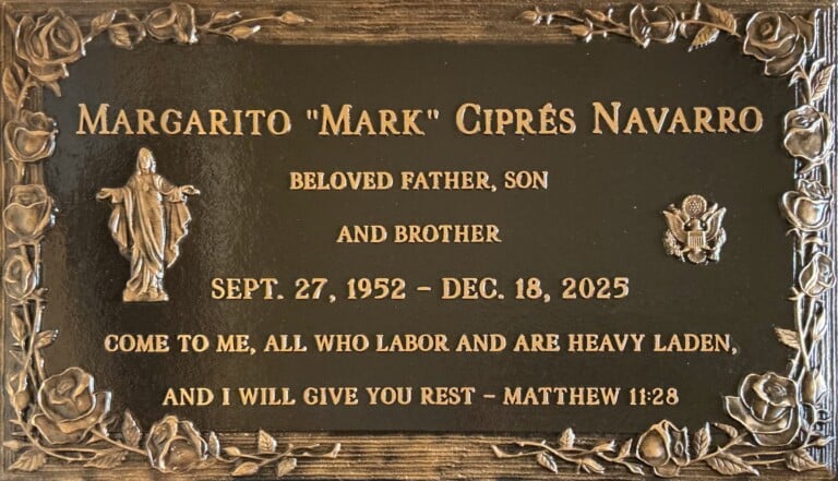 Bronze grave memorial with roses and Jesus, Navarro family, Rose Hills Memorial Park