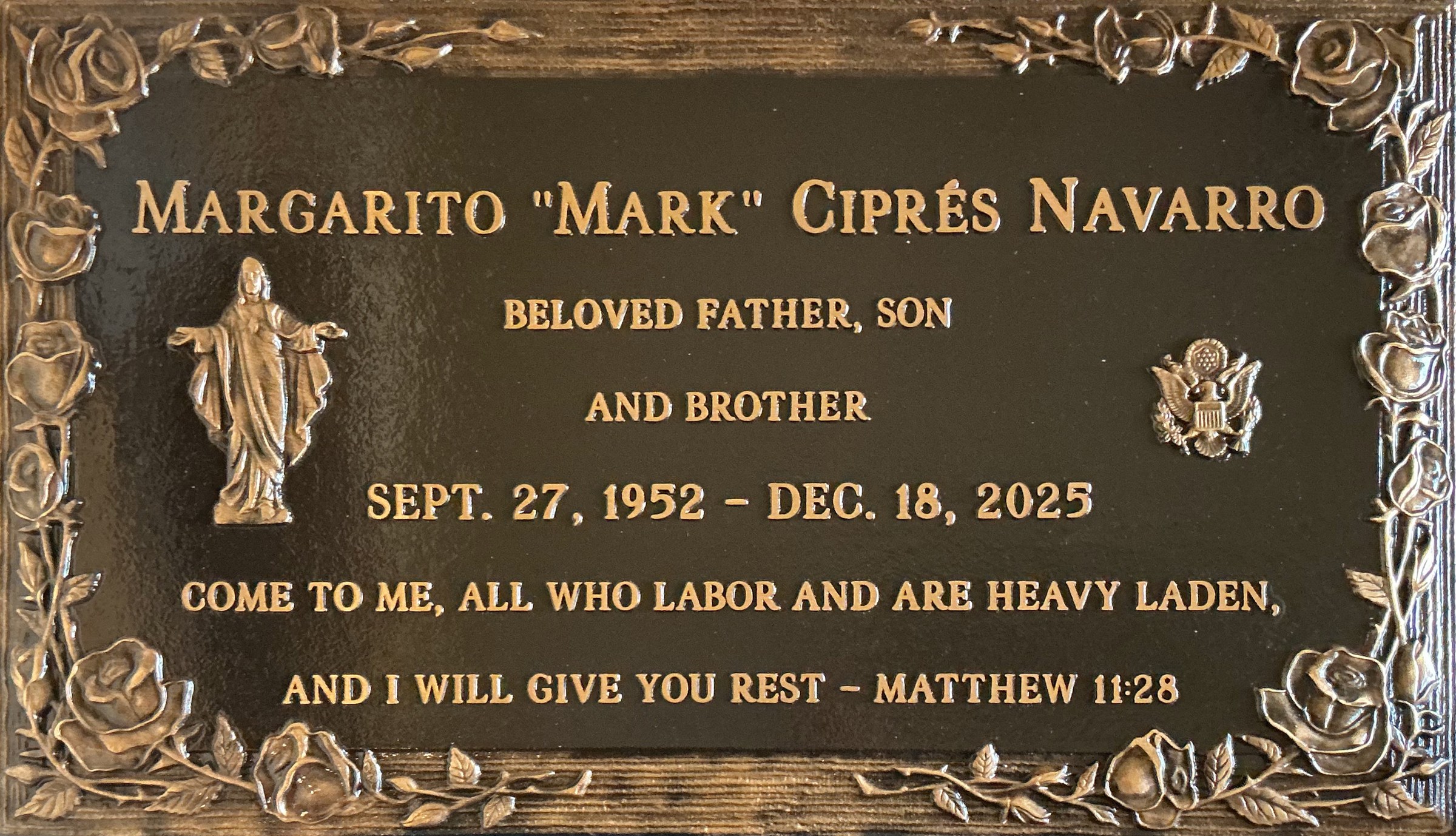 Bronze grave memorial with roses and jesus, Navarro family, Rose Hills Memorial Park