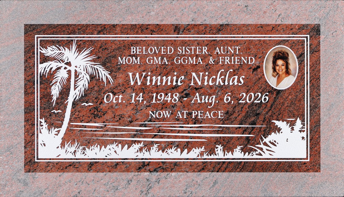 Red Multicolor granite headstone with palm tree and ocean, Nicklas family, Pomona Valley Memorial Park