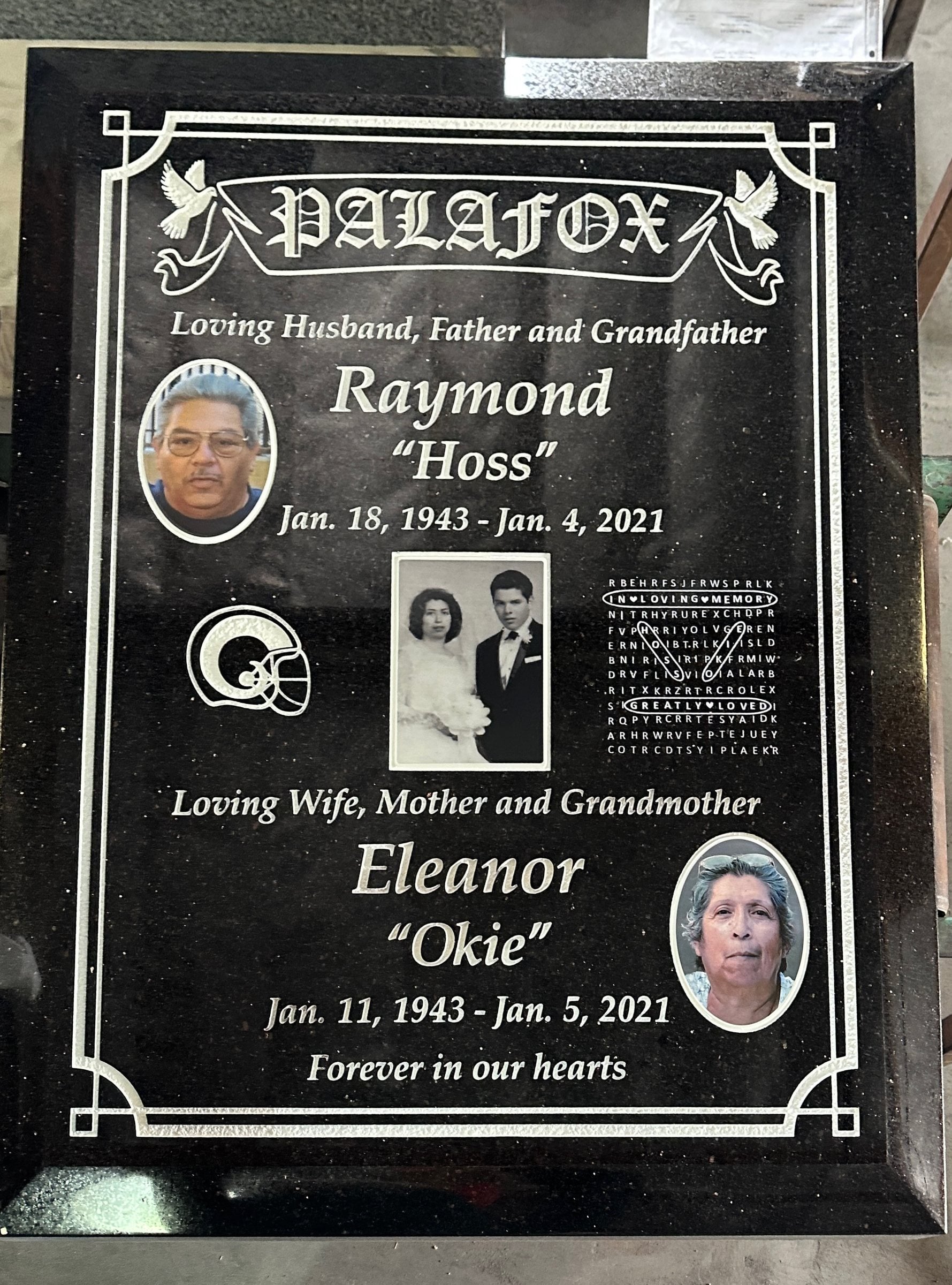 Galaxy Black granite companion memorial marker with portraits and rams helmet, Palafox family, Valhalla Memorial Park