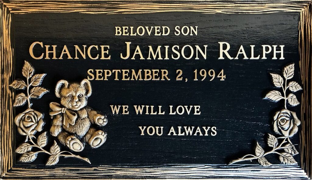 Bronze headstone with teddy bear and roses, Ralph family, Forest Lawn Memorial Park