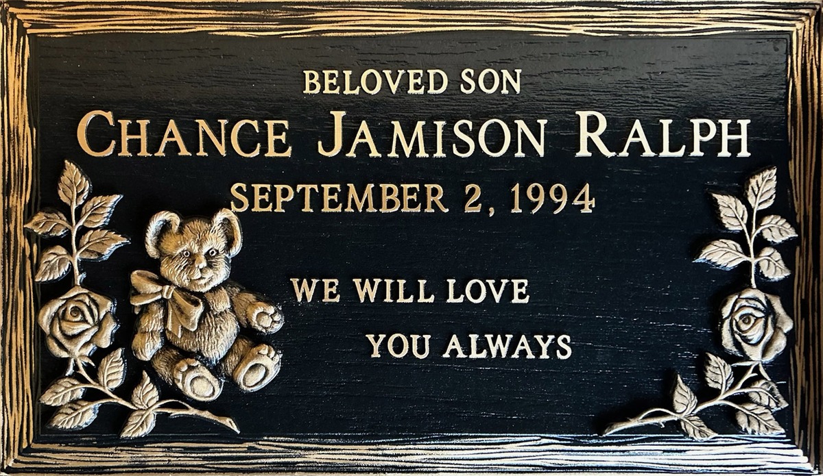 Bronze headstone with teddy bear and roses, Ralph family, Forest Lawn Memorial Park