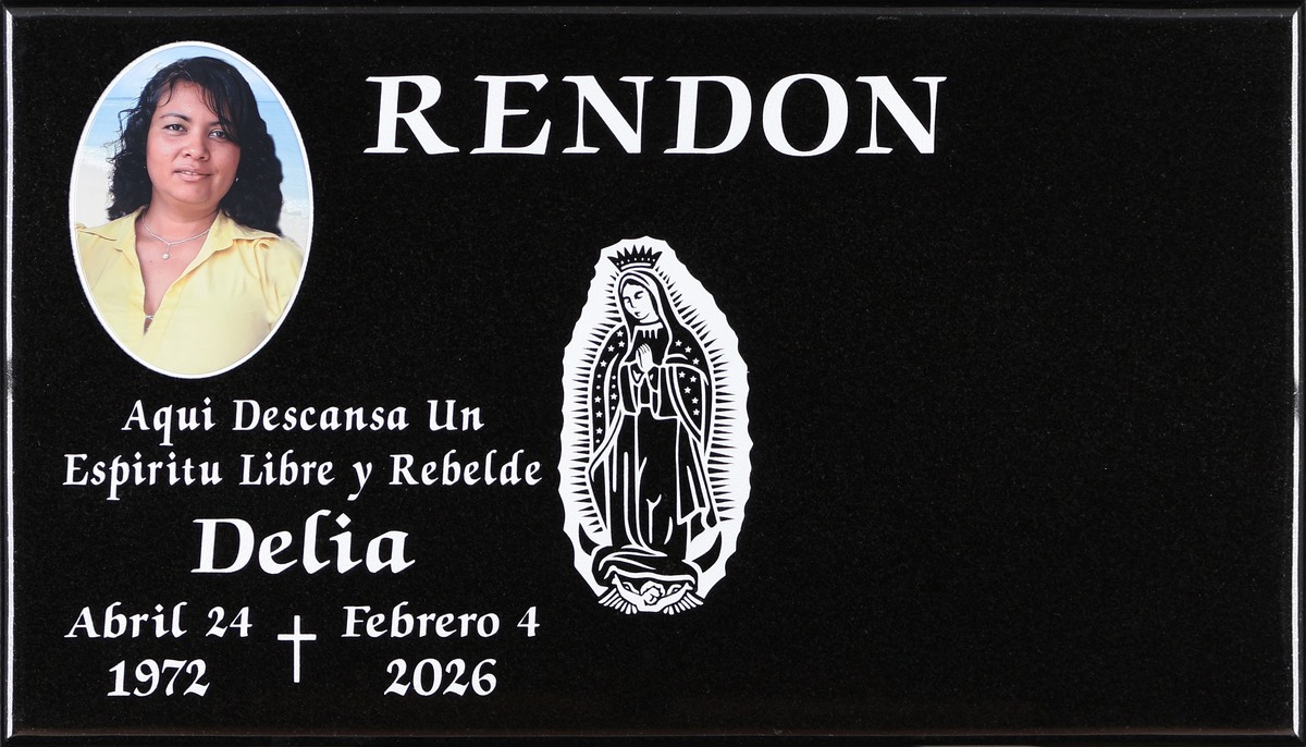 Black granite memorial with guadalupe and cross, Rendon family, Holy Cross Cemetery