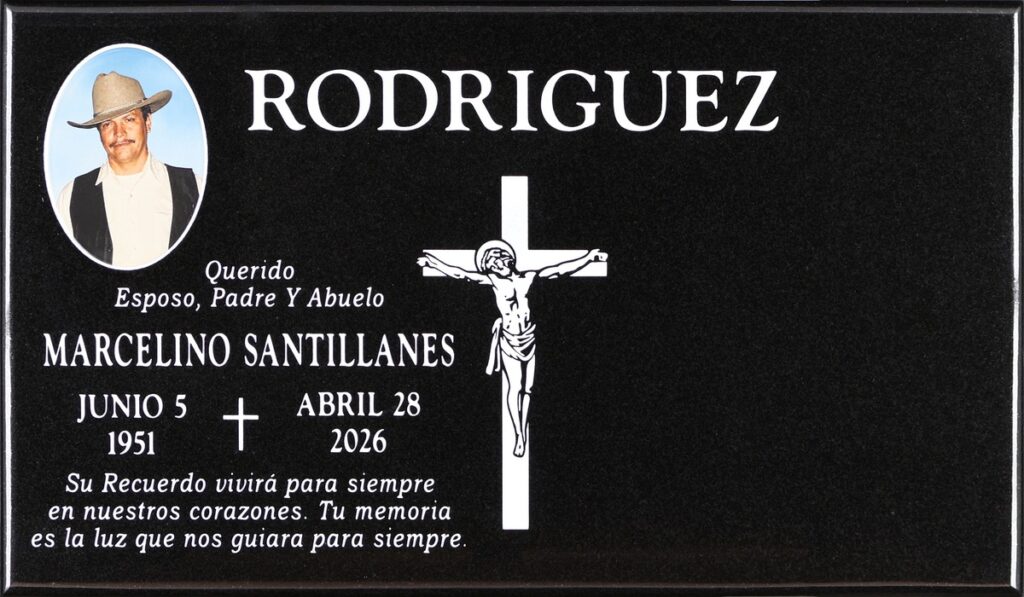 Black granite grave stone with crucifix and cross, Rodriguez family, Holy Cross Cemetery