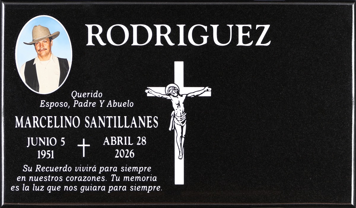 Black granite grave stone with crucifix and cross, Rodriguez family, Holy Cross Cemetery