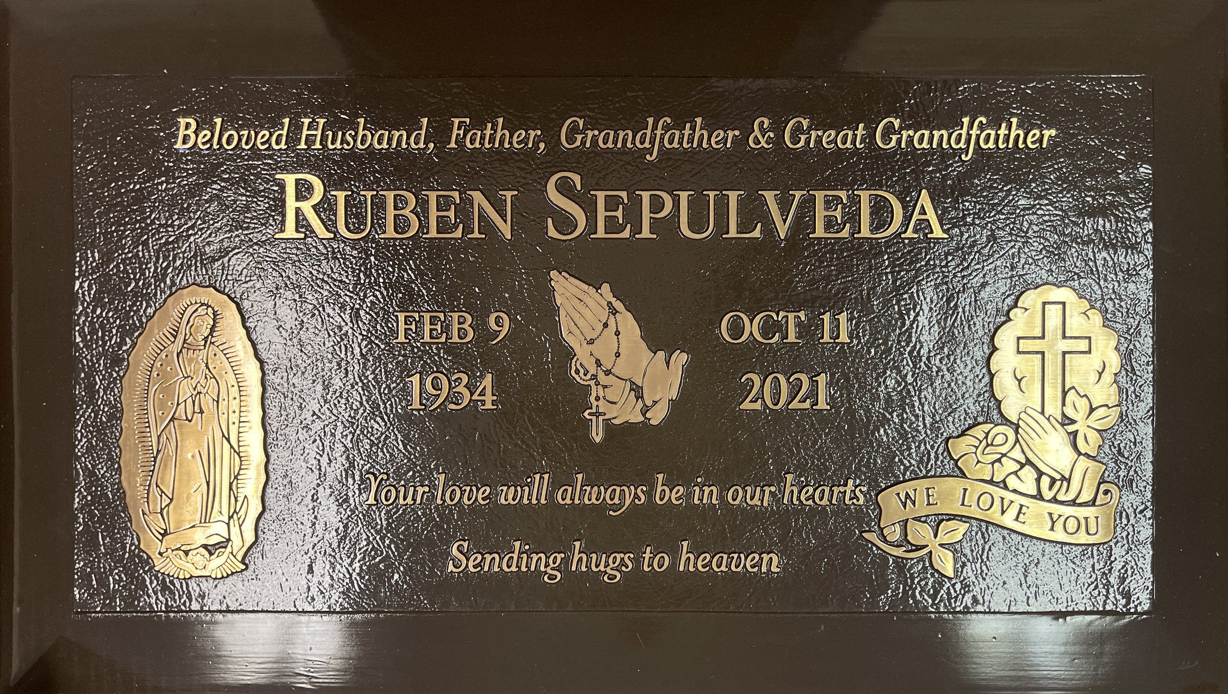 Bronze memorial with guadalupe and praying hands, Sepulveda family, Forest Lawn Memorial Park