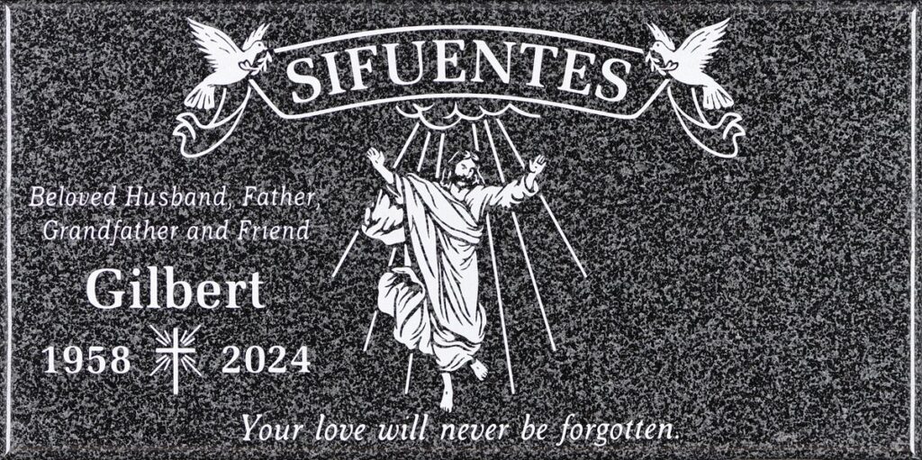 Oxford Gray granite headstone with risen jesus and doves, Sifuentes family, Holy Cross Cemetery