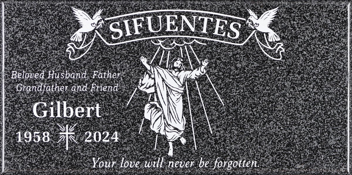 Oxford Gray granite headstone with risen jesus and doves, Sifuentes family, Holy Cross Cemetery