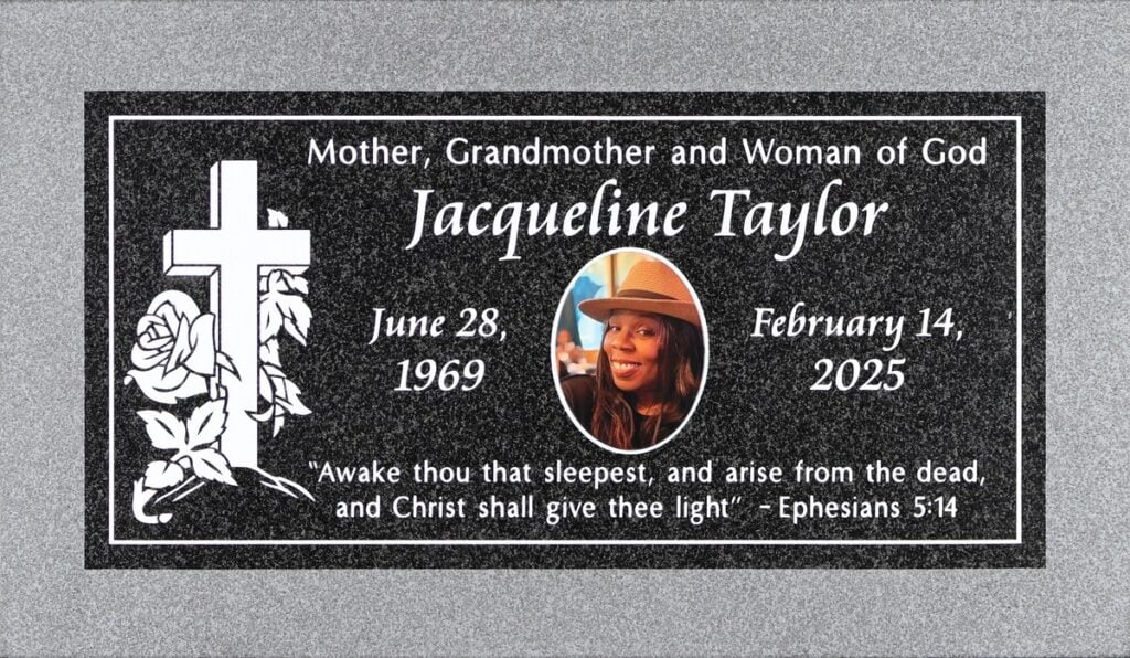 Oxford Gray granite headstone with cross and rose, Taylor family, Pomona Valley Memorial Park