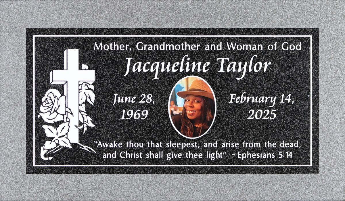 Oxford Gray granite headstone with cross and rose, Taylor family, Pomona Valley Memorial Park