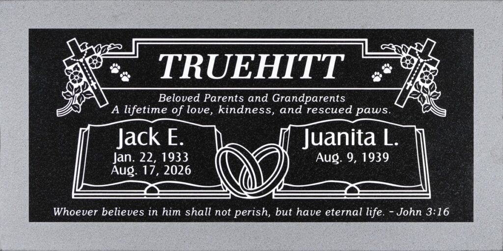 Black granite companion headstone with crosses and paw prints, Truehitt family, Pomona Valley Memorial Park