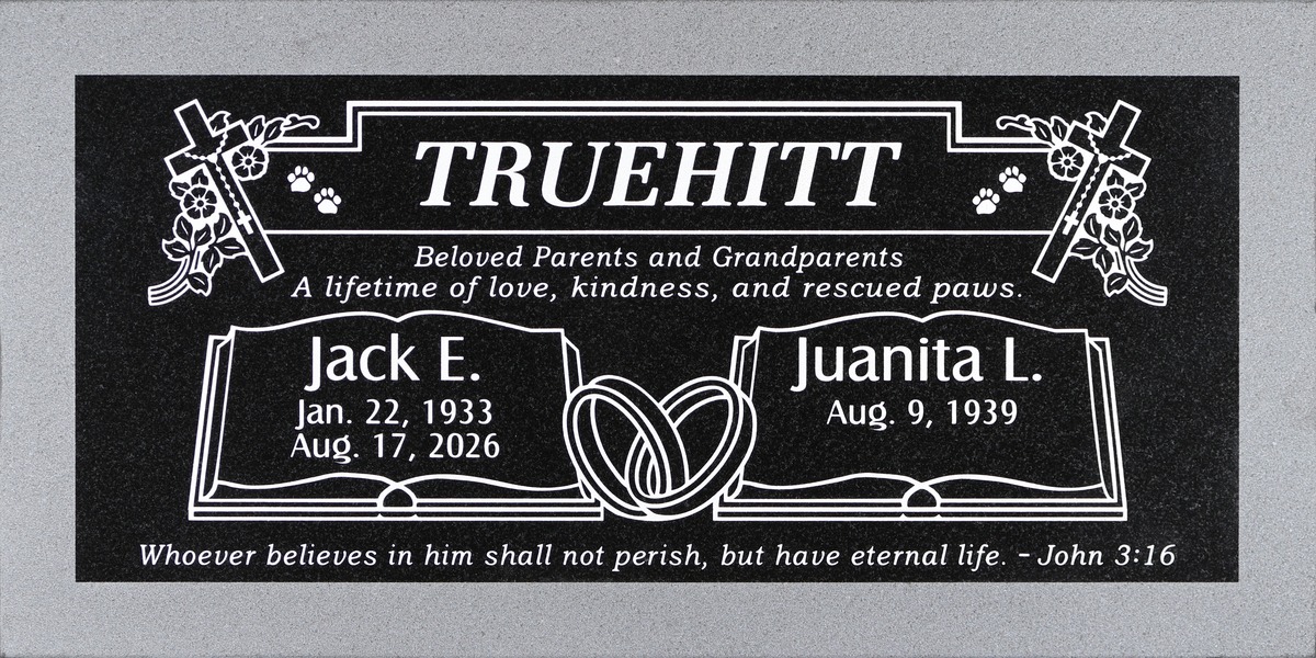 Black granite companion headstone with crosses and paw prints, Truehitt family, Pomona Valley Memorial Park