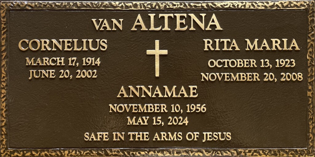 Bronze headstone with simple cross, Van Altena family, Hillside Memorial Park