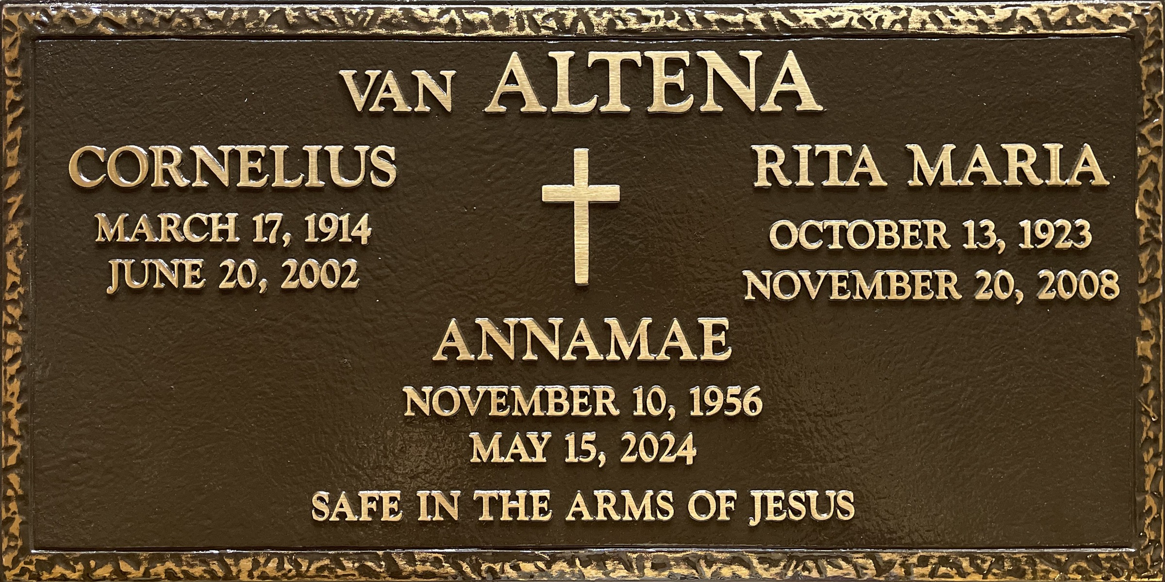 Bronze headstone with simple cross, Van Altena family, Hillside Memorial Park