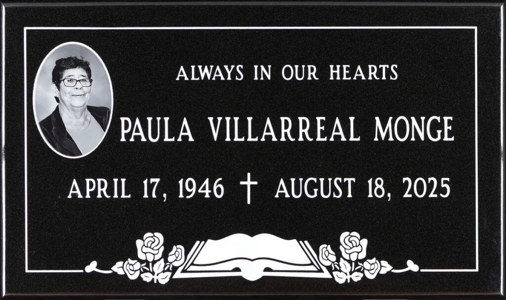 Black granite memorial stone with bible and roses, Villarreal Monge family, Holy Cross Cemetery