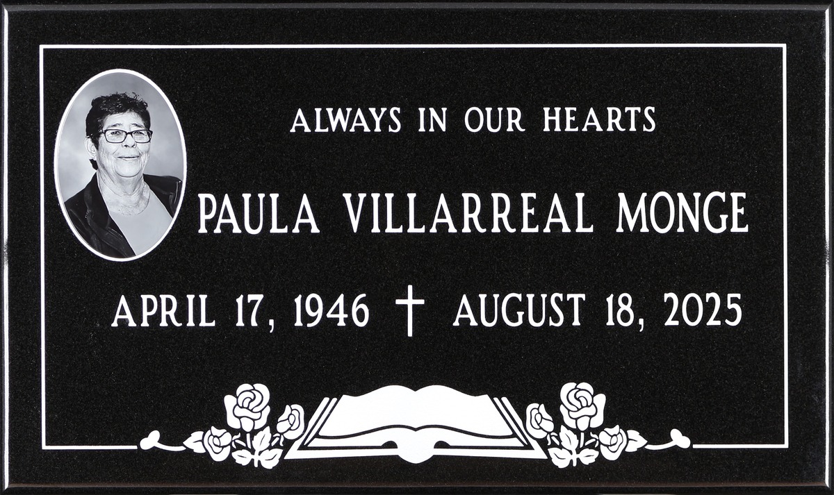 Black granite memorial stone with bible and roses, Villarreal Monge family, Holy Cross Cemetery