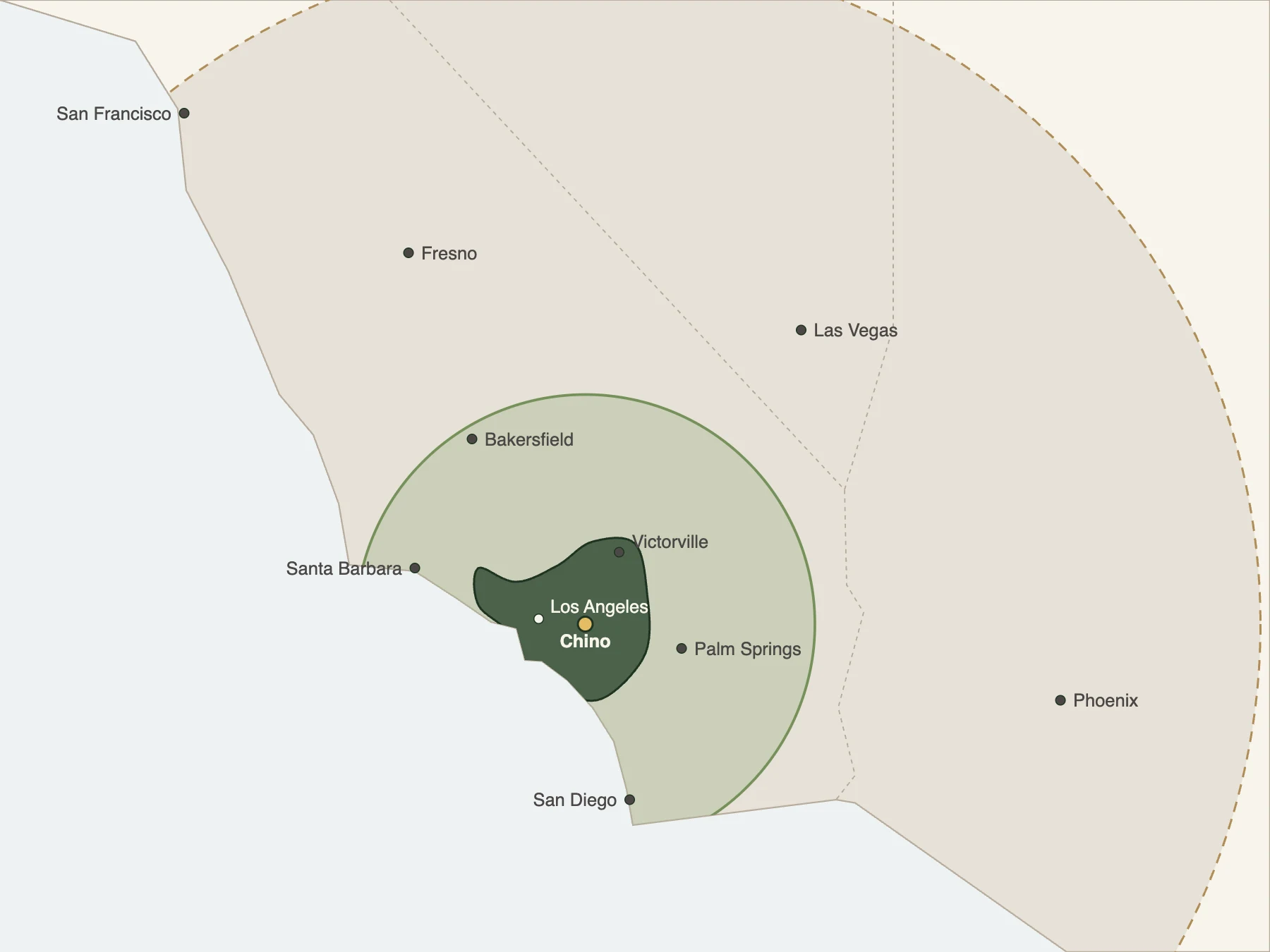 Map of Southern California showing the VJ Memorials delivery and on-site engraving area around Chino, a freight delivery ring, and a shipping ring reaching San Francisco, Las Vegas and Phoenix