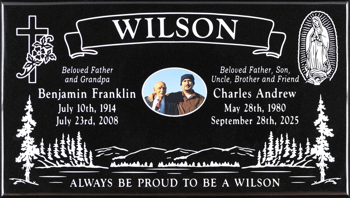 Black granite companion grave marker with mountain lake scene, Wilson family, Holy Cross Cemetery