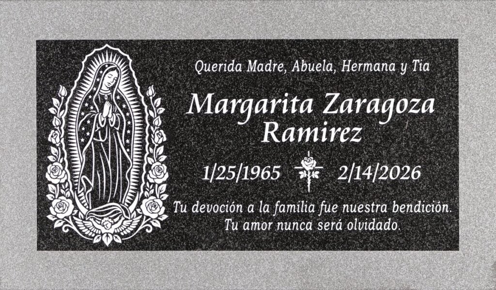 Oxford Gray granite memorial stone with guadalupe and roses, Zaragoza Ramirez family, Pomona Valley Memorial Park