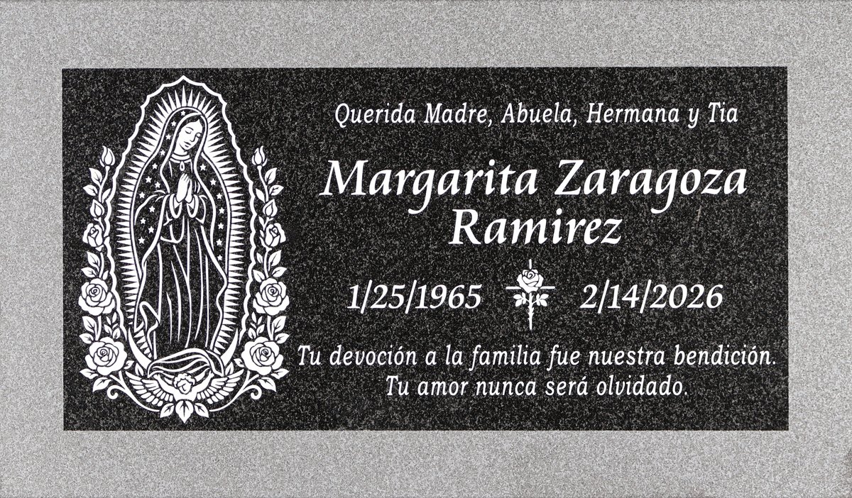 Oxford Gray granite memorial stone with guadalupe and roses, Zaragoza Ramirez family, Pomona Valley Memorial Park